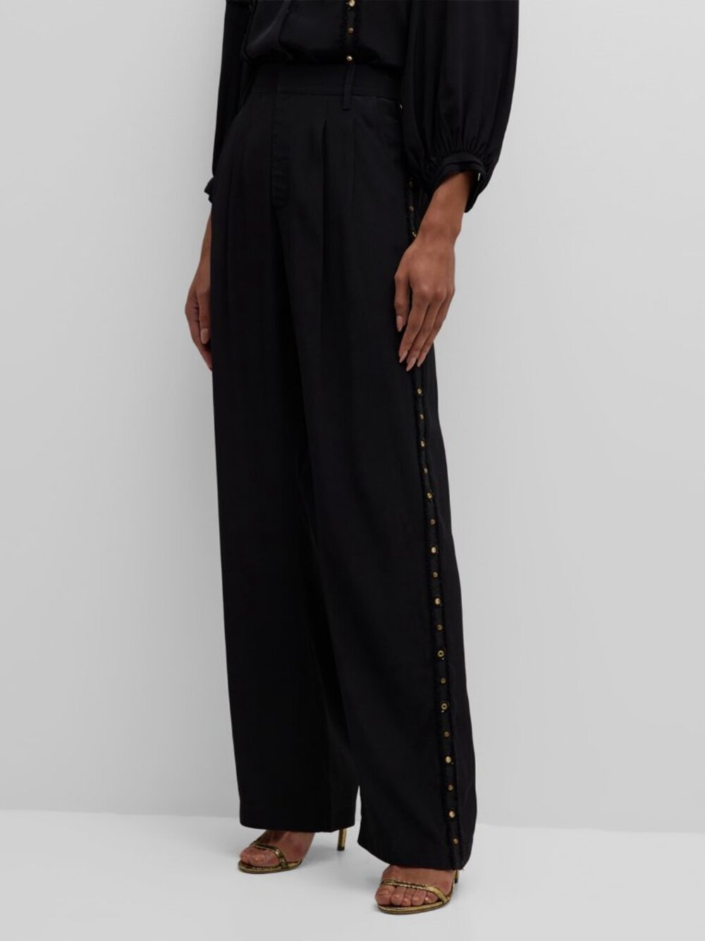 Figue Women Black Hadley Embellished Stripe Straight-Leg Pleated Pants Sz 2